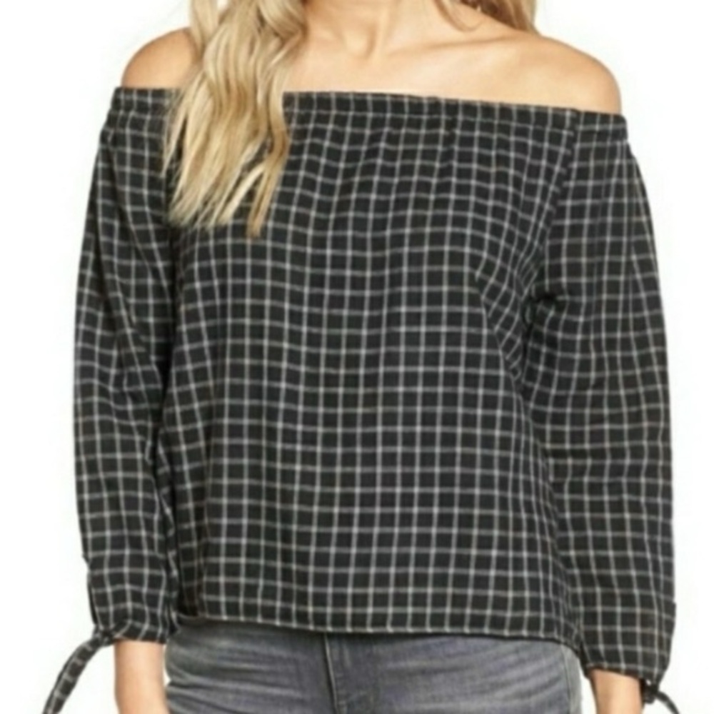 Nwt  Madewell Checkered Off The Shoulder Blouse Size Medium‎